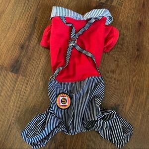Dog Jumpsuit Suspenders. Red shirt, Striped, Pants